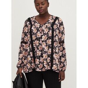 TORRID Twill Woven Lace Trim Tunic Top Size 3X Black Floral Long Sleeve V Neck